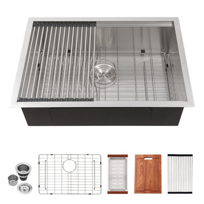 Stainless Steel Ledge Workstation Deep 28"" L x 19"" W Undermount Kitchen Sink with Basket Strainer -  Lordear, LUS2819A1