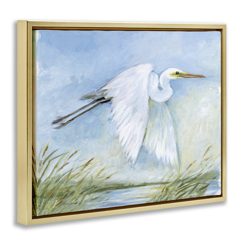 «Egret Flying Floater», art mural par Susan Winget, H 25 po x l 31 po, Cadre flottant métallique doré