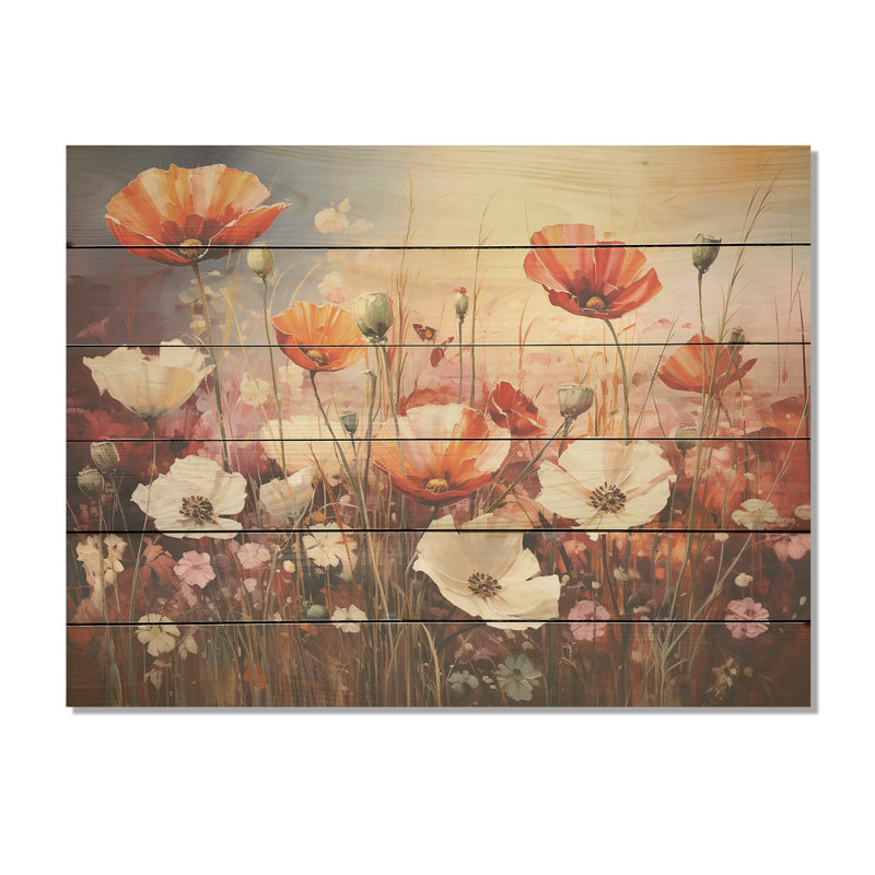 «White Crimson Flower S Embrace», art mural en bois sur bois de pin naturel, H 24 po x l 32 po