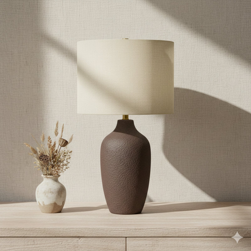 Lighting, H 27 po, lampe de table, céramique grise, abat-jour beige, contemporain