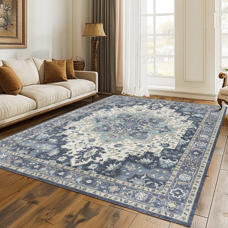 Tapis transitionnel bleu marine lavable à la machine, Rectangulaire 8 pi x 10 pi, Marine