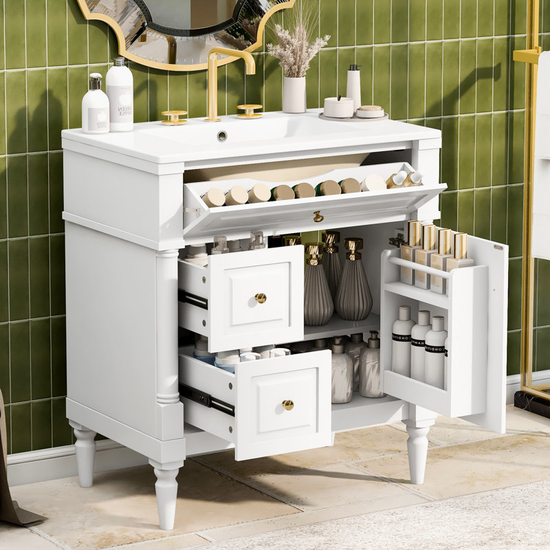 Meuble-lavabo moderne de 30 po avec lavabo en céramique élégant et fabrication en bois d'hévéa durable Yorell, Blanc