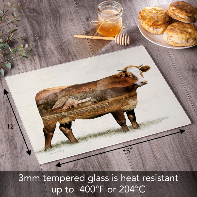 Cow Landscape Tempered Glass Cutting Board 12" x 15"