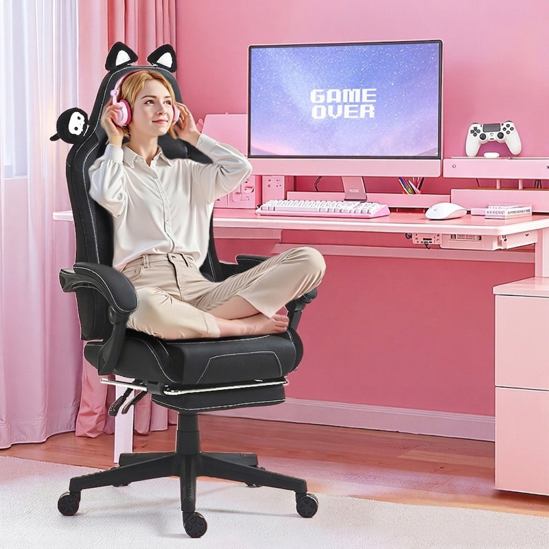 Fauteuil de jeu de course et de course inclinable, réglable et ergonomique en cuir avec repose-pieds, Noir