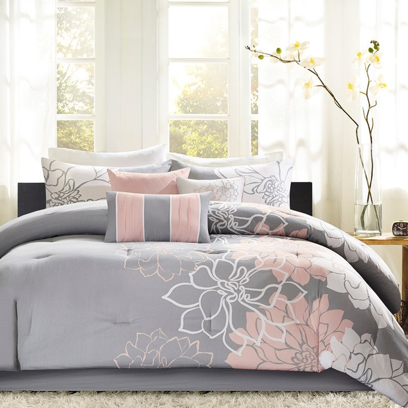 Couette en coton imprimé King - Gris/pêche avec coussins décoratifs brodés et jupe de lit