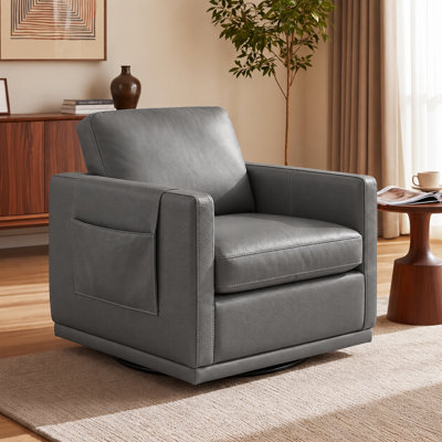 Fauteuil pivotant d'appoint en cuir véritable de 76 cm (30 po) avec poche latérale réglable et structure en bois massif