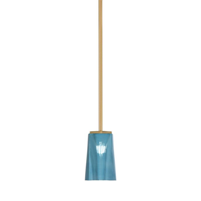 Suspension Annora Stem Hung Mini présentée en finition laiton New Age avec verre dégradé bleu de 11,4 cm de large x 16,5 cm de hauteur