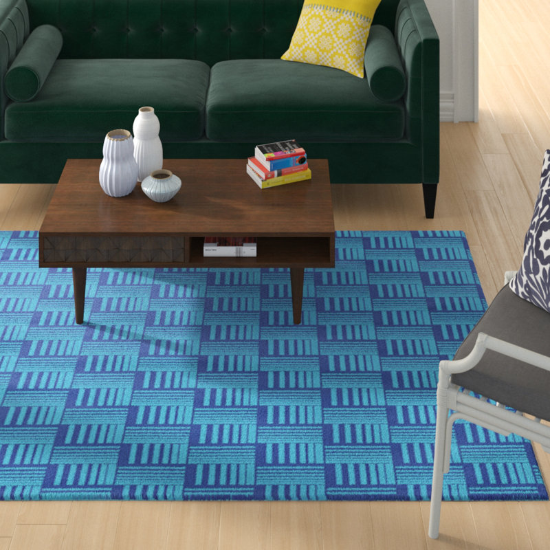 Tapis décoratif bleu à rayures nattes, Rectangle 5 pi x 7 pi