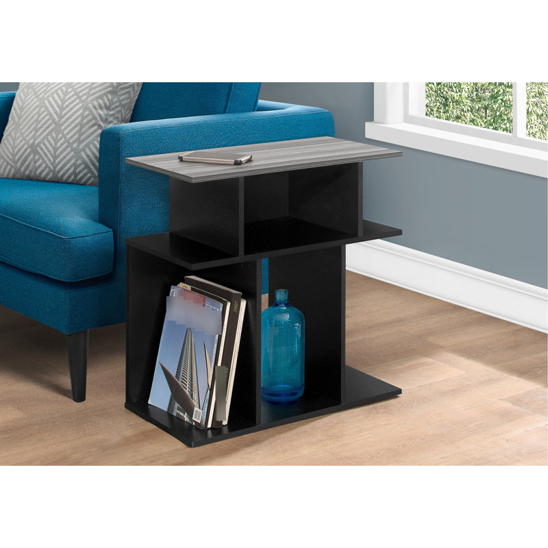 Table de bout moderne en stratifié noir et gris pour le salon - console de chambre à coucher avec 6 tablettes ouvertes