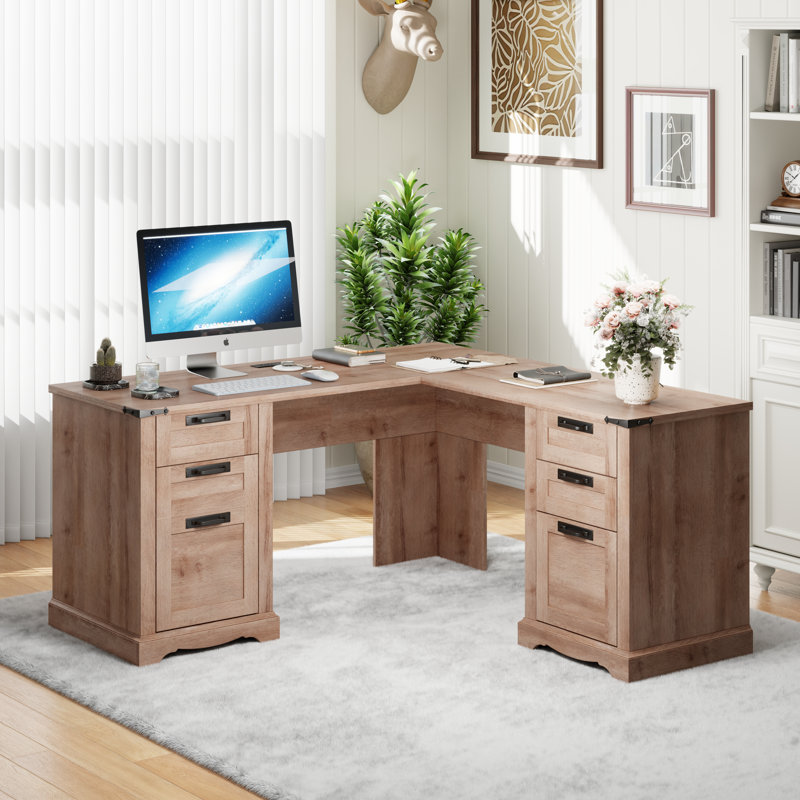 60" Farmhouse L Shaped Executive Desk With Drawers,Wood Home Office Corner Desk With Charging Station, Rustic Natural Oak