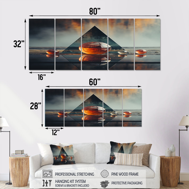 «Minimalist Triangle Essence II», art mural en pierre spirituel pour le salon, 5 pièces, H 28 po x l 60 po