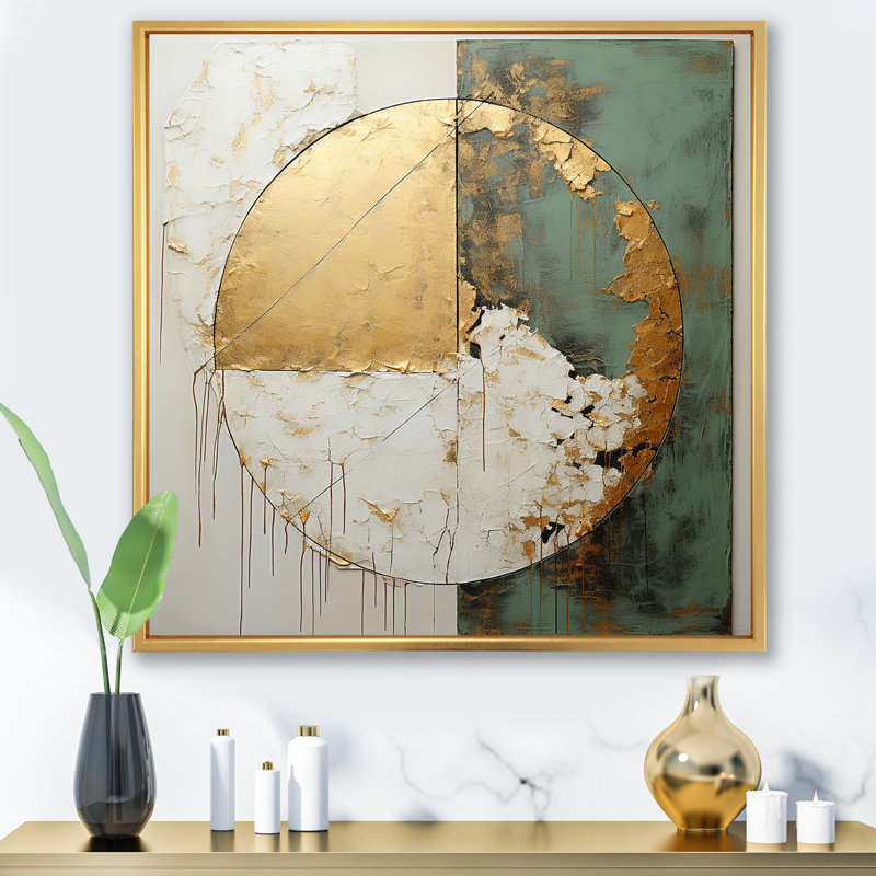 Peinture dorée et verte Fusion I - art mural abstrait pour salon, H 30 po x l 30 po x P 1 po, Cadre flottant doré