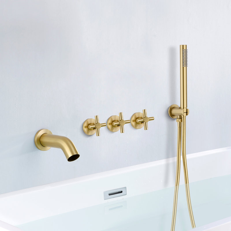 Triple Cross Handle Bathtub Faucet,Waterfall Bath Tub Faucet with Handheld Shower, Brushed Gold