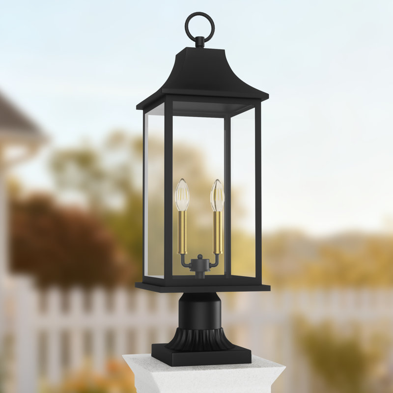Alletta 23.6''H  Black and Gold Iron Outdoor Post Light with Clear Tempered Glass, Matte Black/Gold