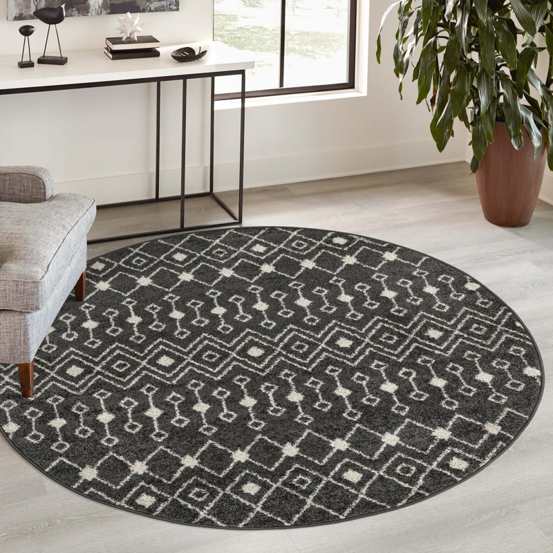 Tapis gris foncé en polypropylène tissé à la machine Briehn, Rond 5 pi 3 po