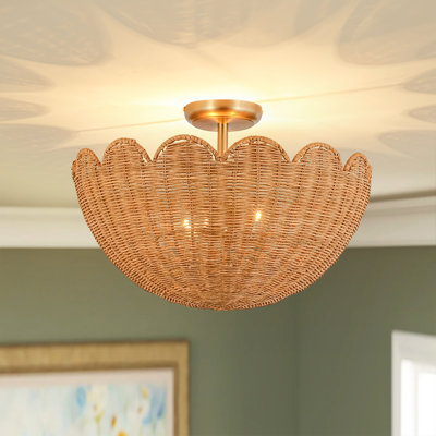 2-Light Rattan Shell-Shape Semi-Flush Mount