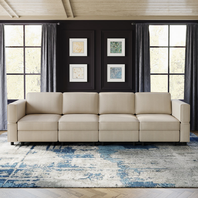 Canapé modulaire à 4 places Elda, Velours côtelé beige