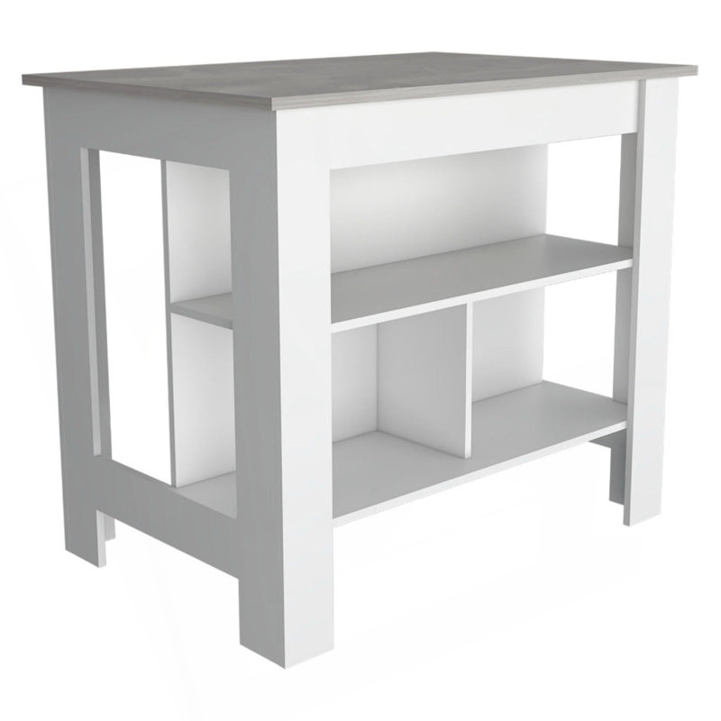 Kitchen Island, Kitchen Table 35" H, Four Legs, Three Open Storage Shelves, Gray/White