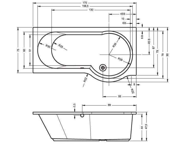 1700mm x 900mm Standard Acrylic Bathtub