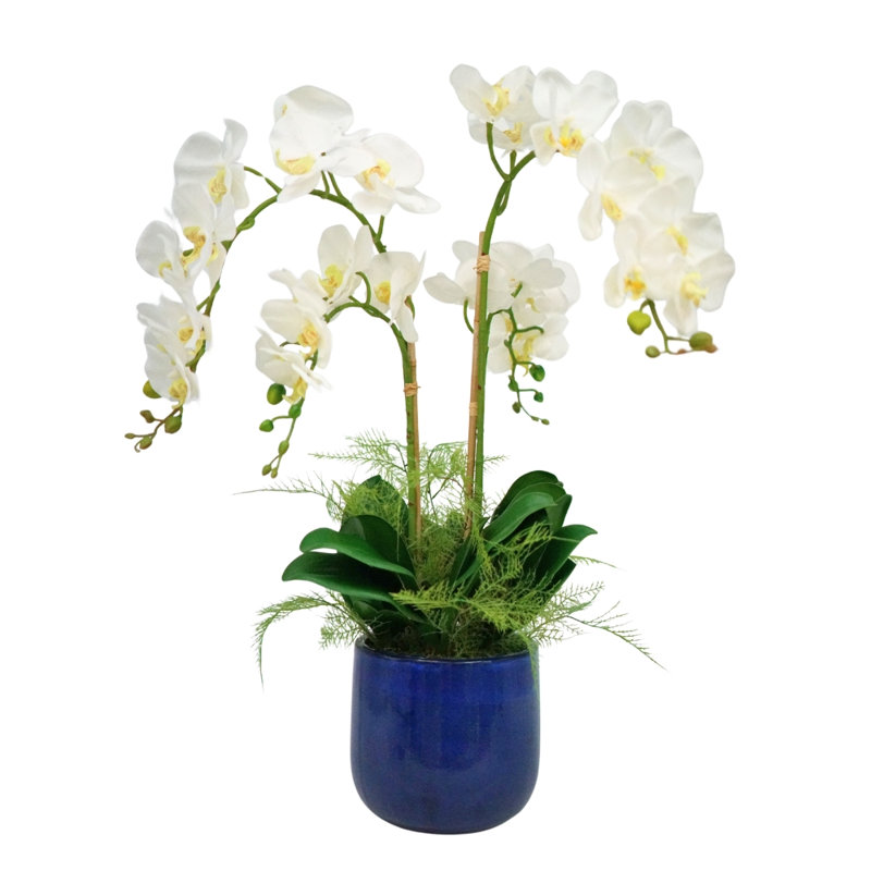 Faux fleurs d'orchidées blanches dans un pot en céramique bleu brillant
