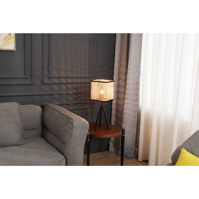 Black Iron Tripod Table Lamp with Rattan Shade