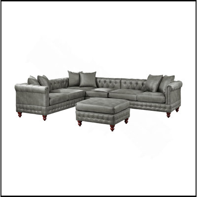 Ensemble de canapé modulaire 4 pièces réversible en similicuir respirant gris ardoise et 3 coussins de canapé et 1 repose-pieds capitonnés