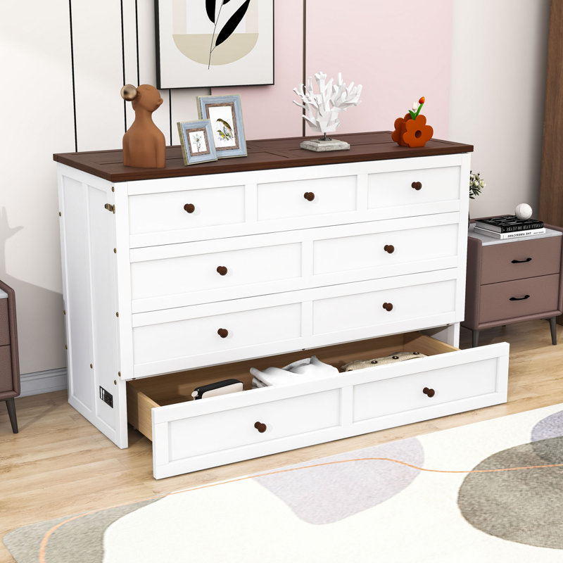 Argirdas Wood Murphy Bed Chest with Charging Station and Drawer, Queen