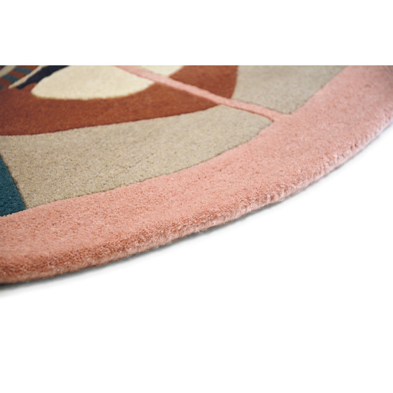 Hand Tufted Geometric Area Rug in Orange/Teal/Pink/Gold, Round 6'7"
