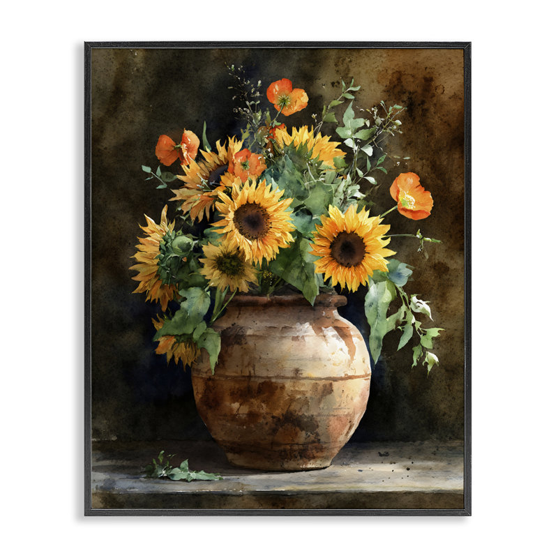 Estampe numérique tournesol rustique, design par Franklyn Gregory, 30 x 24, Midnight Black Giclee Framed