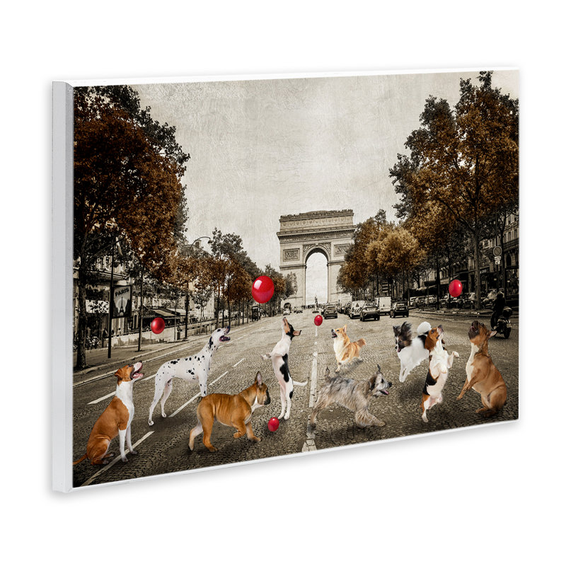 Art mural, "Dogs jouer parmi l'architecture" par CAD Designs, H 13 po x l 19 po