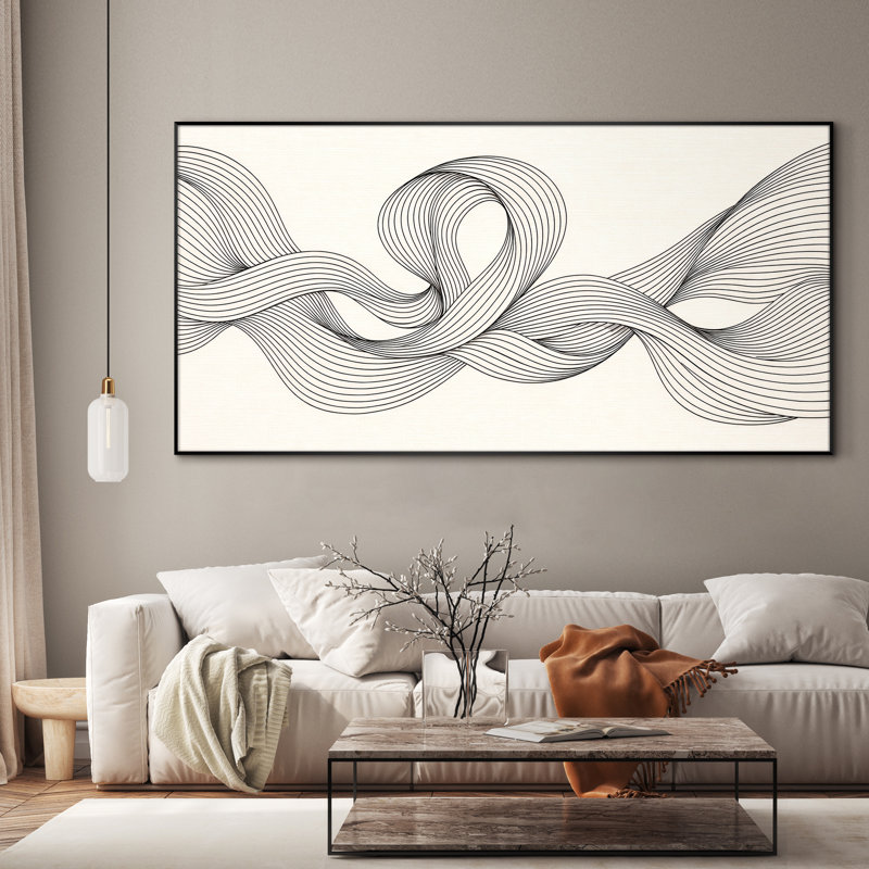 Très grand art mural imprimé sur tissu - Lignes de ruban abstraites grises, décor de bureau minimaliste - «Assemblage requis du cadre (cadre non fini)»