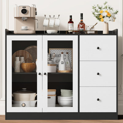 Sideboard Buffet Cabinet With Storage, 43" Coffee Bar Cabinet With Glass Doors And 3 Drawers, Storage Cabinet With Adjustable Shelves by ZACOO