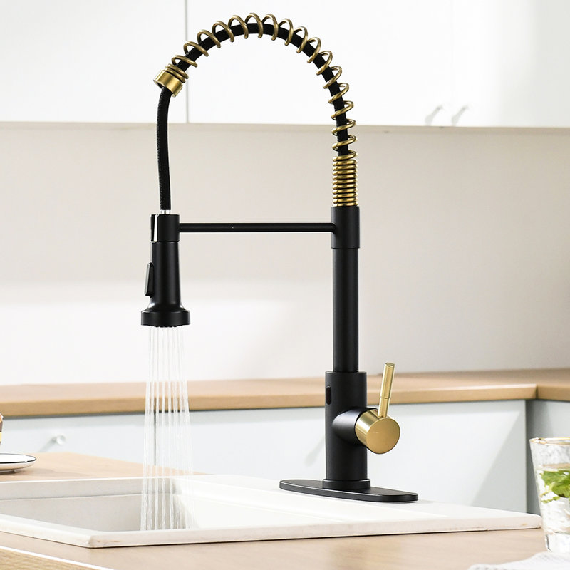 Hands Automatic Smart Kitchen Faucet - Touchless With Pull Down , Black + Gold, Contemporary, Stainless Steel, Ceramic Fill Sink Smart, , And Modern Style, Filler Spray