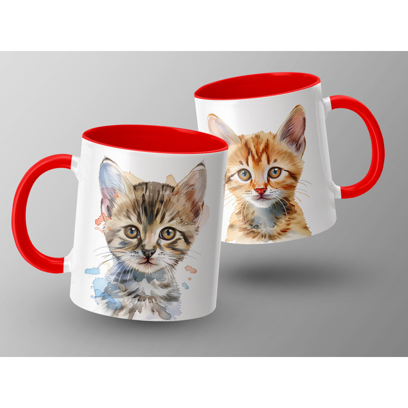 Cat Design 11oz Accent Mug – White Ceramic Coffee Cup with Colored Handle and Interior, Red, 2