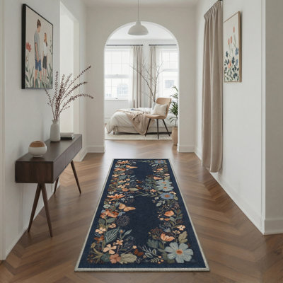Aazad Florette Floral Machine Washable Grey / Green / Blue Indoor Area Rug with Non-Slip Backing