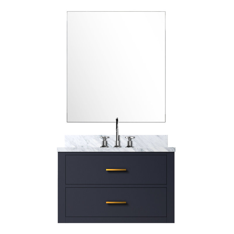 30 po L x P 22 po. Meuble-lavabo bleu avec comptoir en marbre, robinet et 28 miroirs inclus