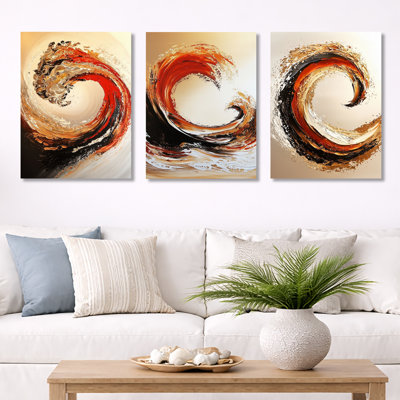 Golden and Red Coastal Waves - Beach, ensemble de 3 impressions sur métal