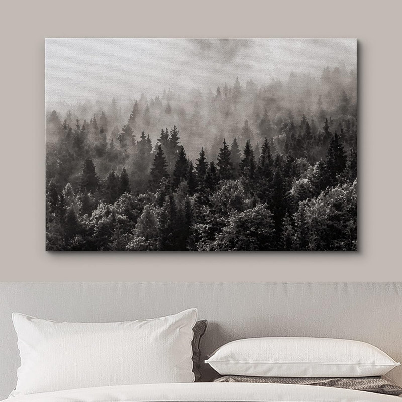 Paysage de forêt boisée, forêt brumeuse en noir et blanc, Toile tendue, H 32 po x l 48 po x P 1,5 po