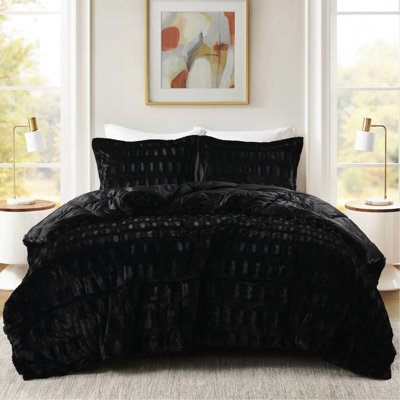 Édredon en fausse fourrure noire 2 pièces pour lit simple / simple TG, fourrure brossée élégante, revers en vison doux et rembourrage sans adoucissant