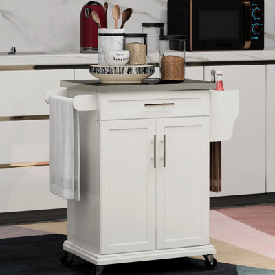 Chariot de cuisine avec surface en acier inoxydable - blanc crème, conception peu encombrante et comptoir d'îlot mobile avec tiroir, tiroir, porte-serviettes, tablette à épices au fini blanc crème