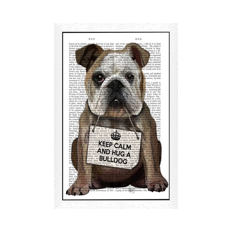 Hug A Bulldog by Fab Funky - Print on Canvas, 66.04 cm H x 45.72 cm W, White Floater Framed