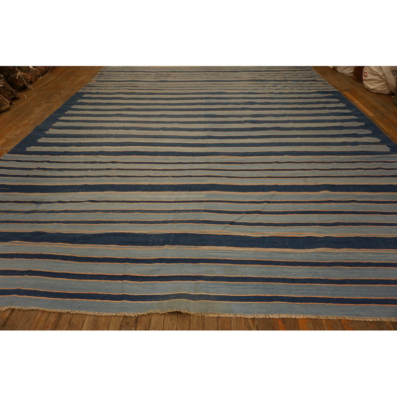 Antique Blue and White Color Stripe Pattern Room Size Cotton Dhurrie Flat Weave Rug