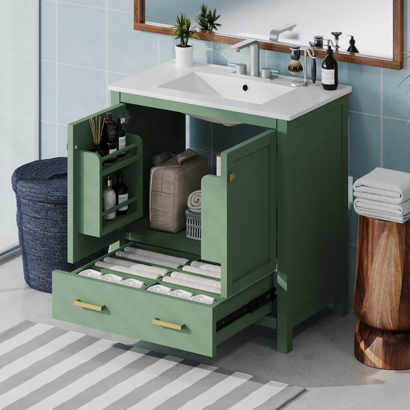Nebo Single Bathroom Vanity with Ceramic Top, Gold, Green, 30"