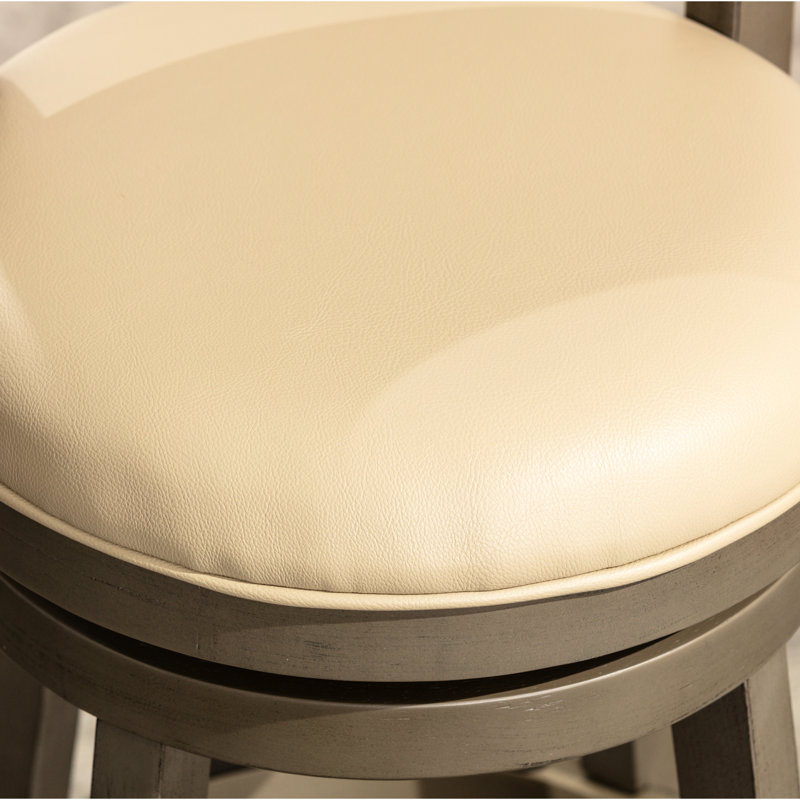 Tabouret à dossier à lattes de 24 po de hauteur comptoir avec pivot, finition gris patiné, siège en cuir français pivotant