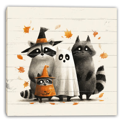 Raccoon Family in Costumes Wrapped Canvas Wall Art