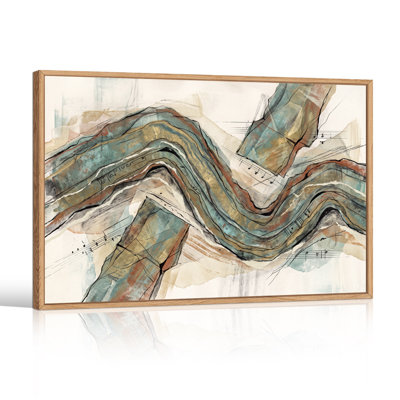 Toile murale abstraite aux motifs ondulés et notes de musique, tons turquoise et terreux
