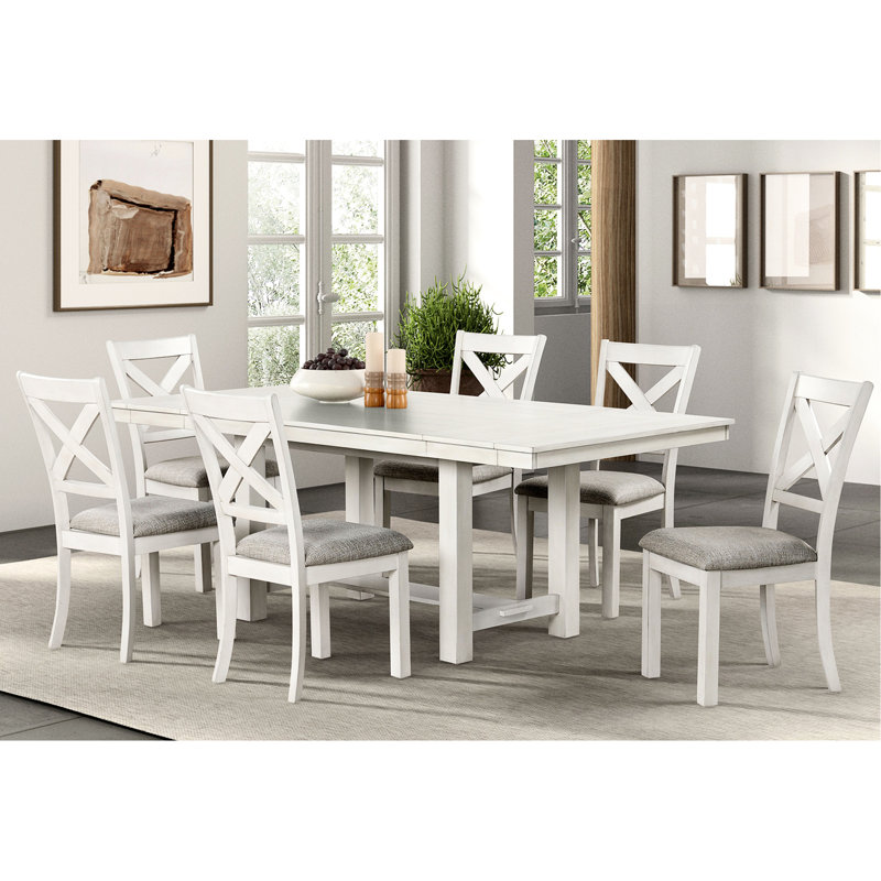 Table de salle à manger moderne et rustique 7 pièces avec table à tréteaux rectangulaire en chêne blanc et 6 chaises d'appoint en bois à dossier croisé de style transitionnel