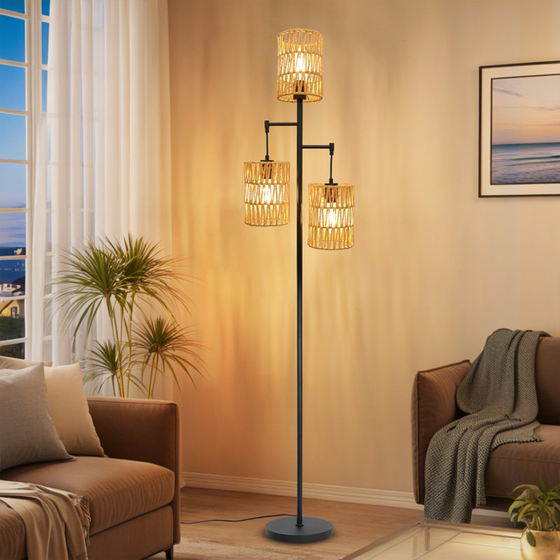 Bohemian Tree Floor Lamp with 3 Rattan Shades, RGB Dimmable Bulb & Foot Switch