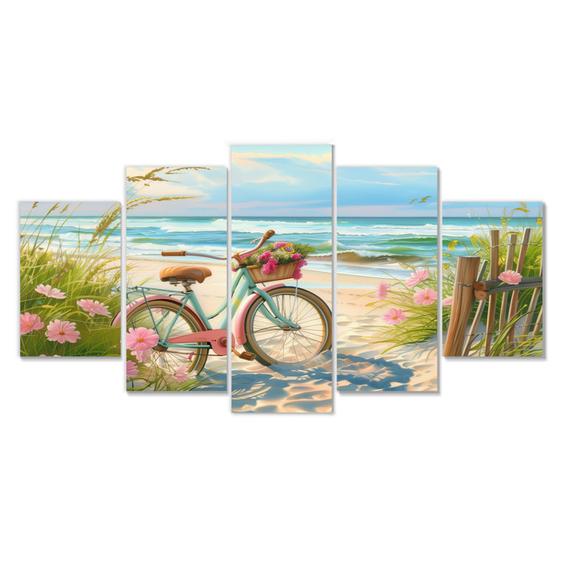 Vélo bleu sur le sentier côtier floral I - ensemble d'art mural sur toile côtière
