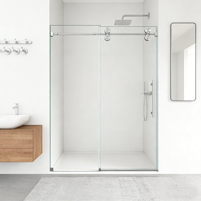 56"-60"W x 72"H Frameless Single Sliding Shower Door – 5/16" (8mm) Clear Tempered Glass, Bypass Design with Brushed Nickel Finish.